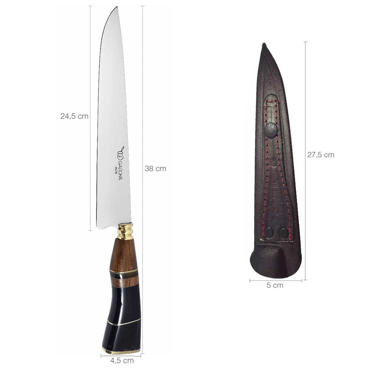 Faca Aço Inox 10 Polegadas Cabo Madeira Chifre Bainha Couro