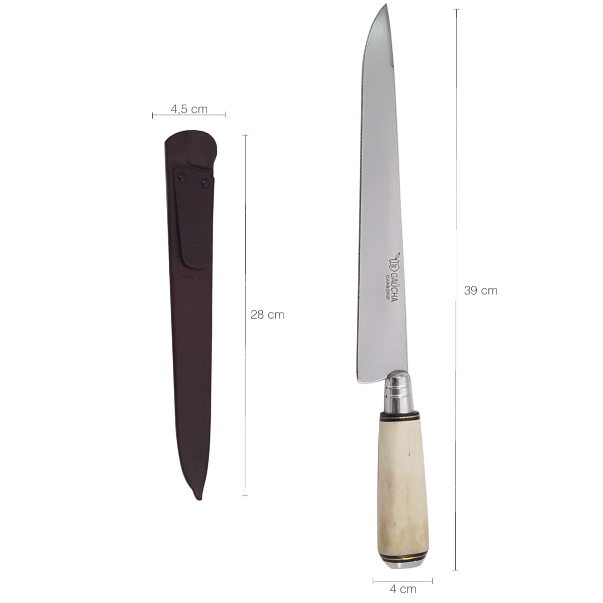 Faca Churrasco 10'' Aço Carbono Bainha Couro Cabo Osso Oval