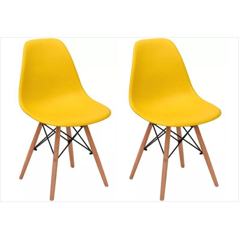 Kit 02 Cadeiras Eiffel Charles Eames em ABS Amarela com Base de Madeira DSW