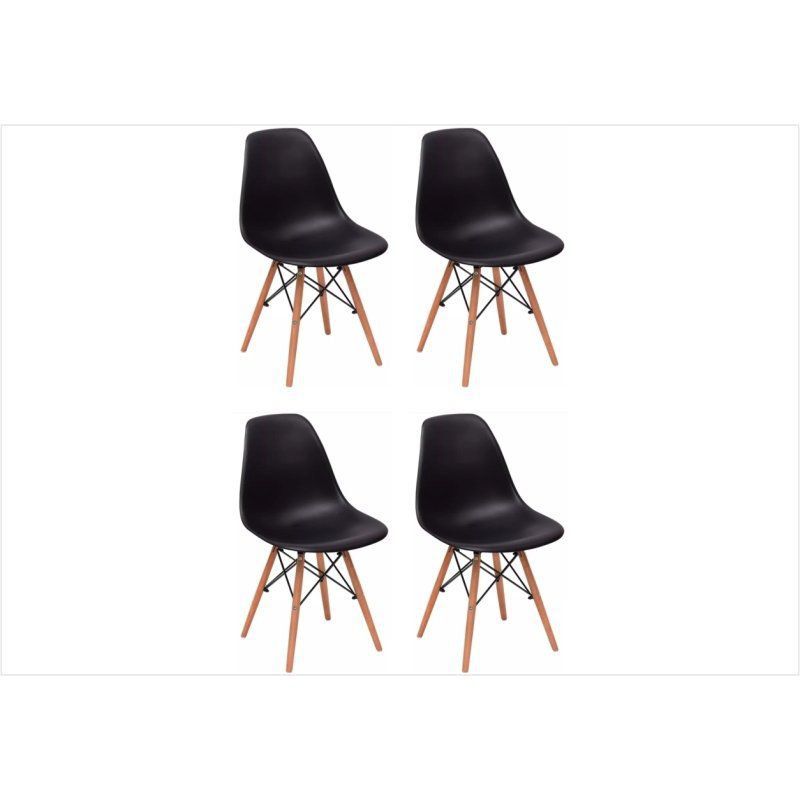 Kit 04 Cadeiras Eiffel Charles Eames em ABS Preta com Base de Madeira DSW