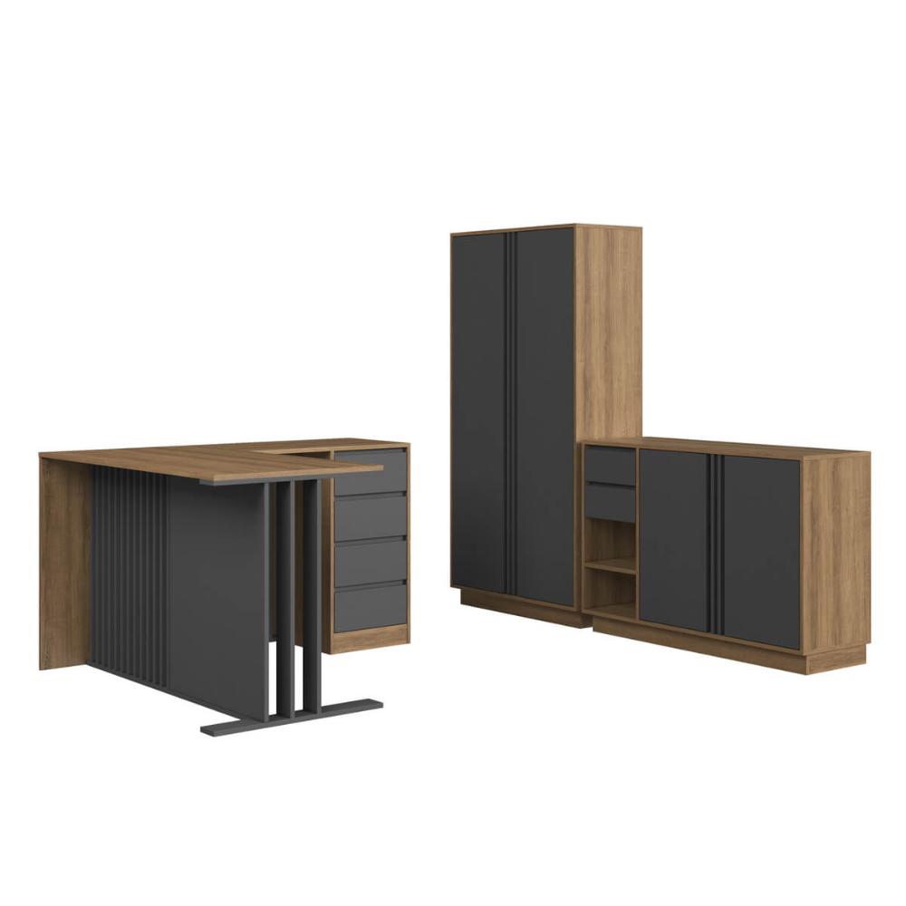 Conjunto para Escritório com 3 Peças Mesa L Armário Alto e  Balcão CM5020 Mel Grafite