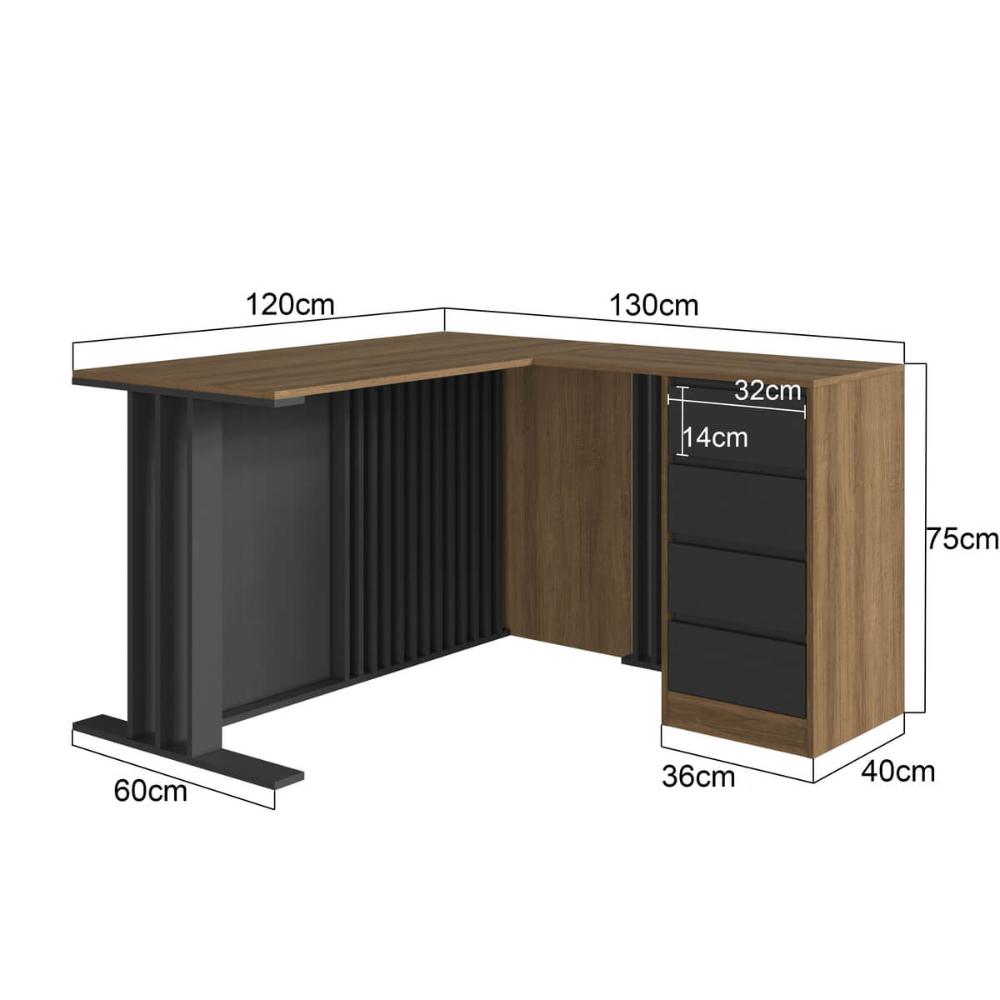 Conjunto para Escritório com 3 Peças Mesa L Armário Alto e  Balcão CM5020 Mel Grafite