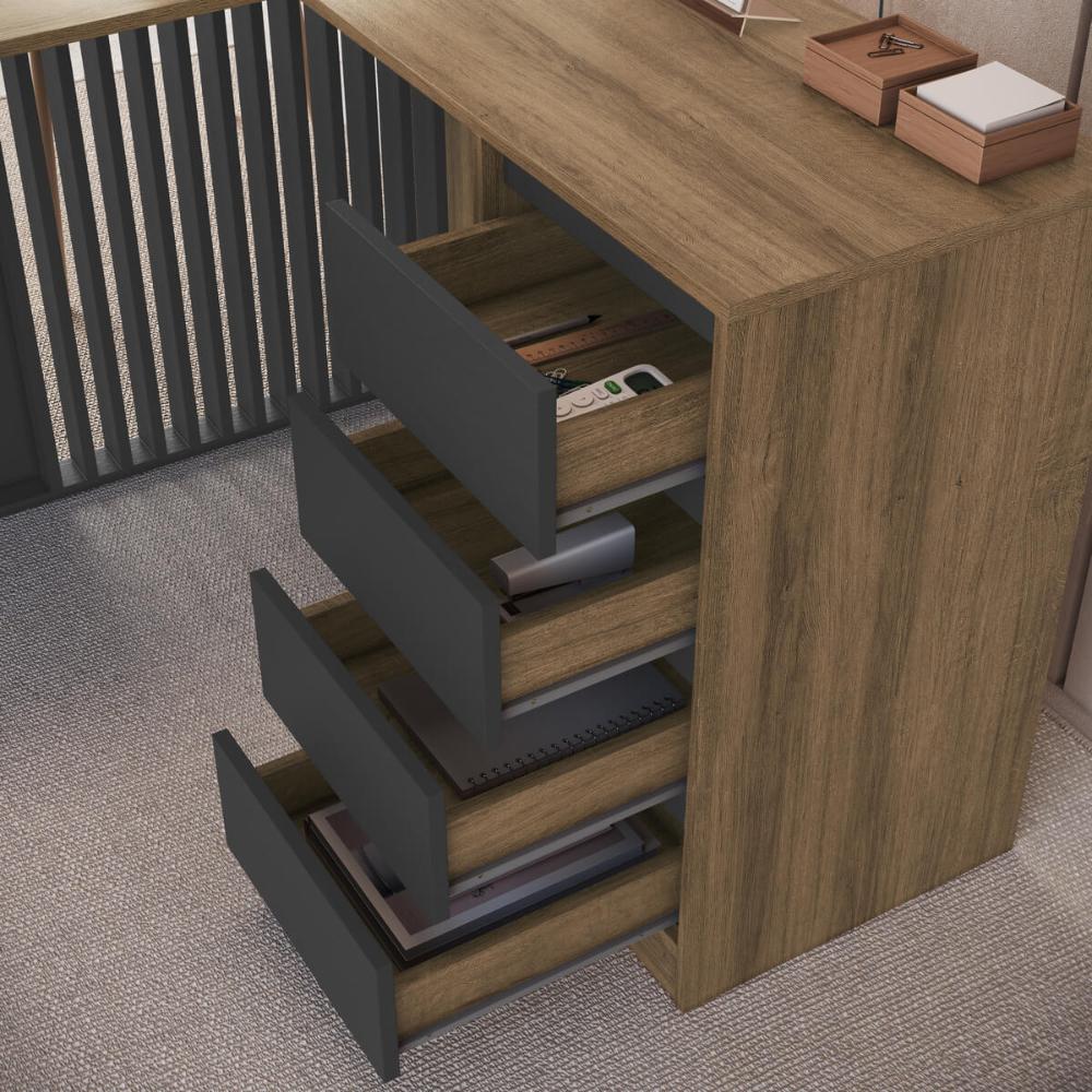 Conjunto para Escritório com 3 Peças Mesa L Armário Alto e  Balcão CM5020 Mel Grafite