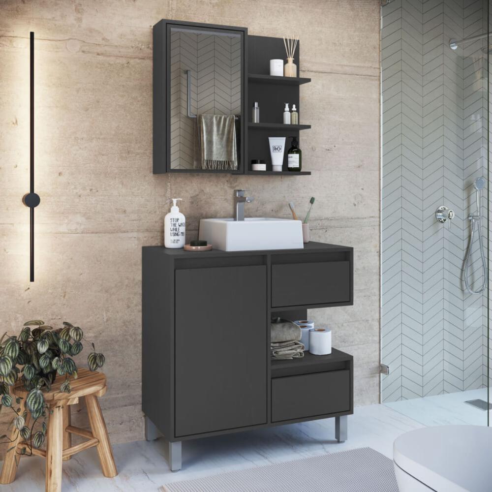 Gabinete 80cm Paula Grafite com Espelheira Porta Cuba Branca Em Mármore Sintético De Banheiro