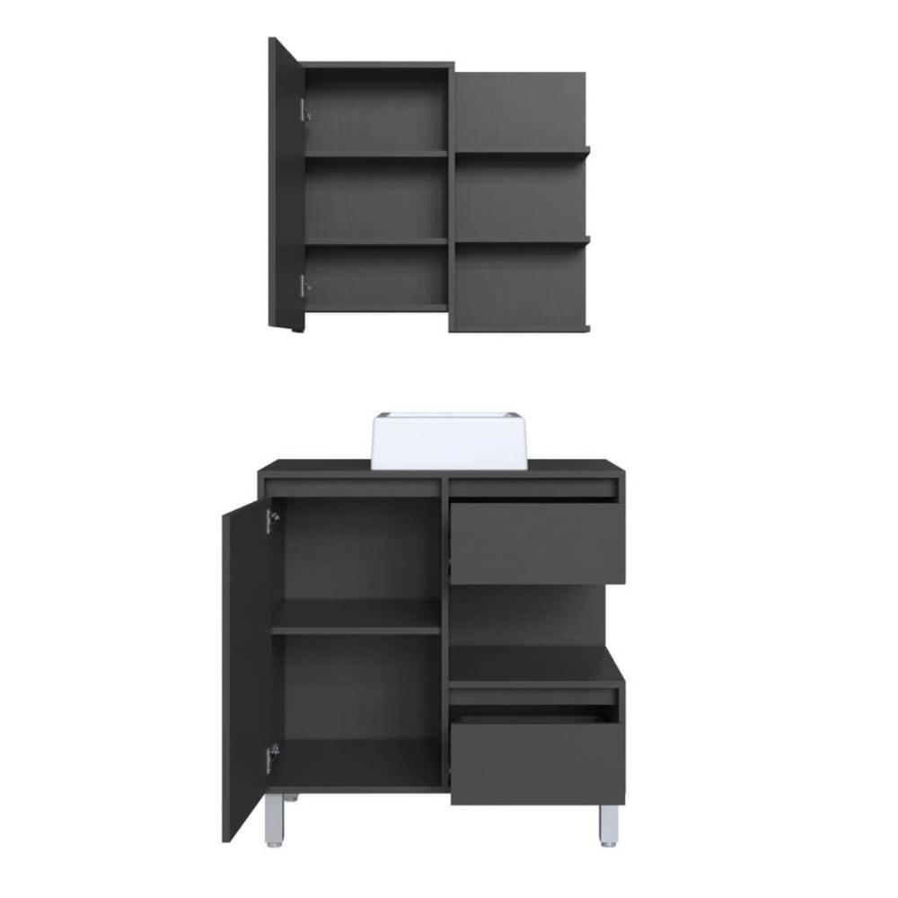 Gabinete 80cm Paula Grafite com Espelheira Porta Cuba Branca Em Mármore Sintético De Banheiro