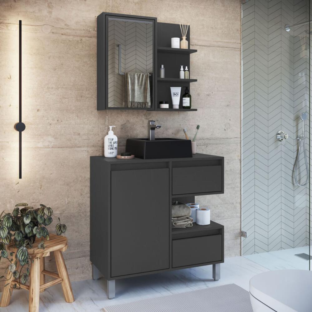 Gabinete 80cm Paula Grafite com Espelheira Porta Cuba Preta Em Mármore Sintético De Banheiro