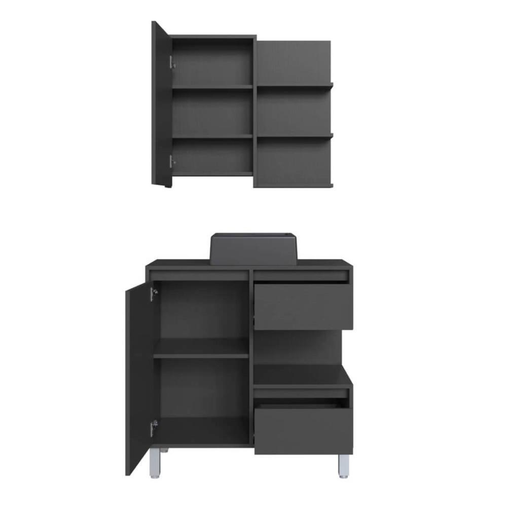 Gabinete 80cm Paula Grafite com Espelheira Porta Cuba Preta Em Mármore Sintético De Banheiro