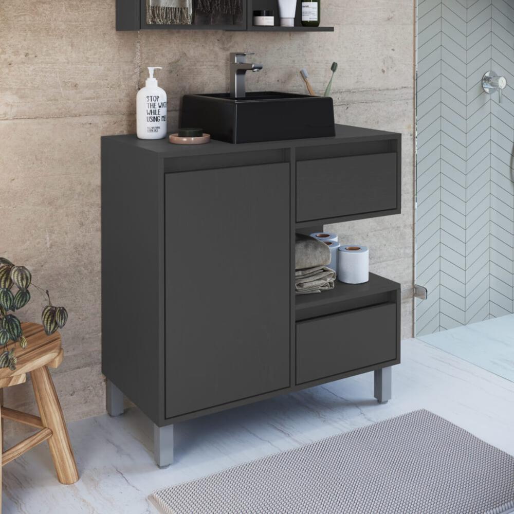 Gabinete Banheiro 80cm Paula Grafite com Cuba Preta Gavetas 1 Porta e 1 Nicho
