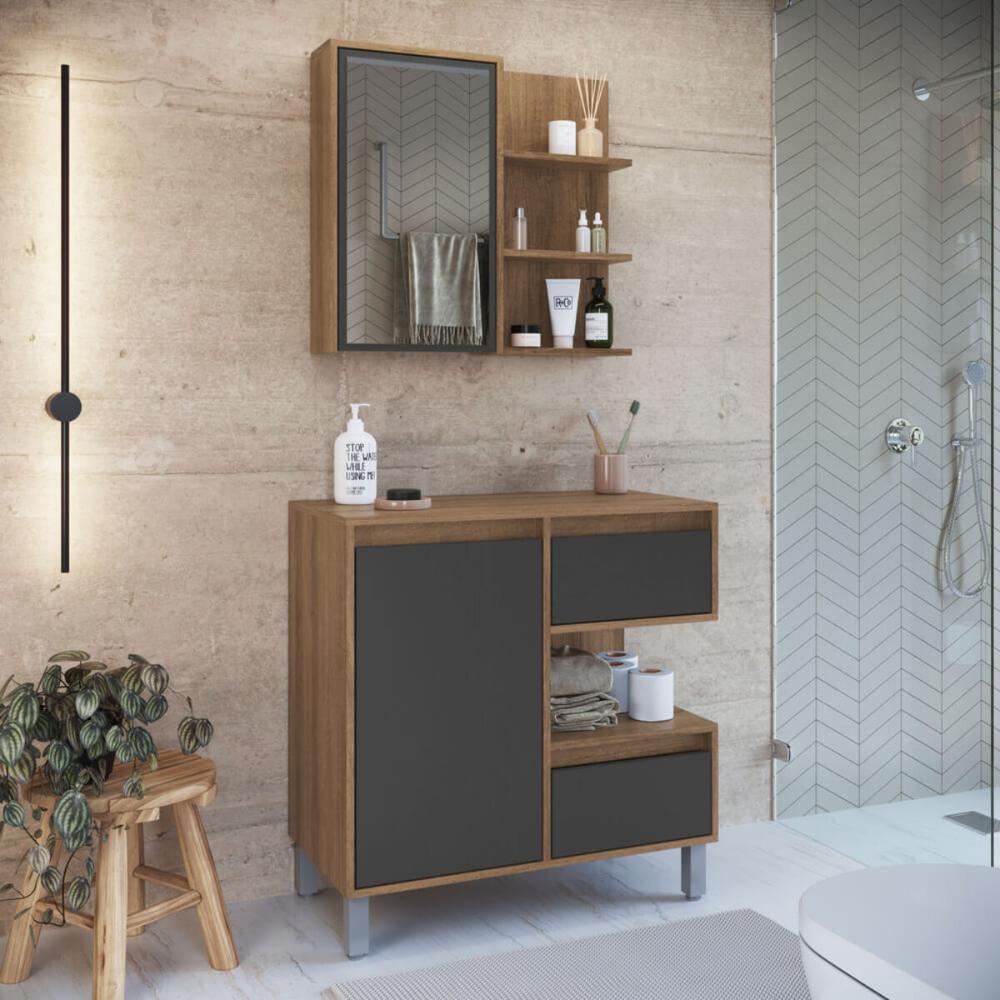 Gabinete Banheiro 80cm Paula Mel Grafite Espelheira 1Porta Sem Cuba