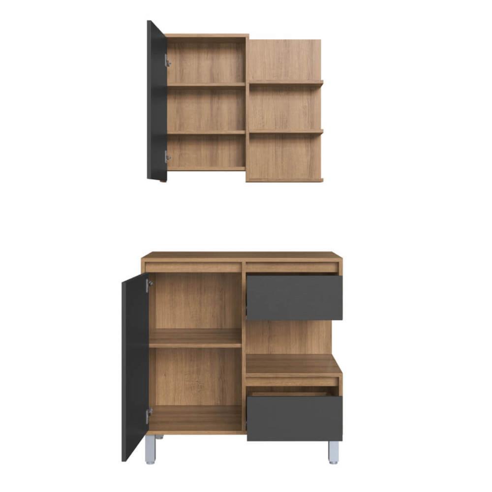 Gabinete Banheiro 80cm Paula Mel Grafite Espelheira 1Porta Sem Cuba