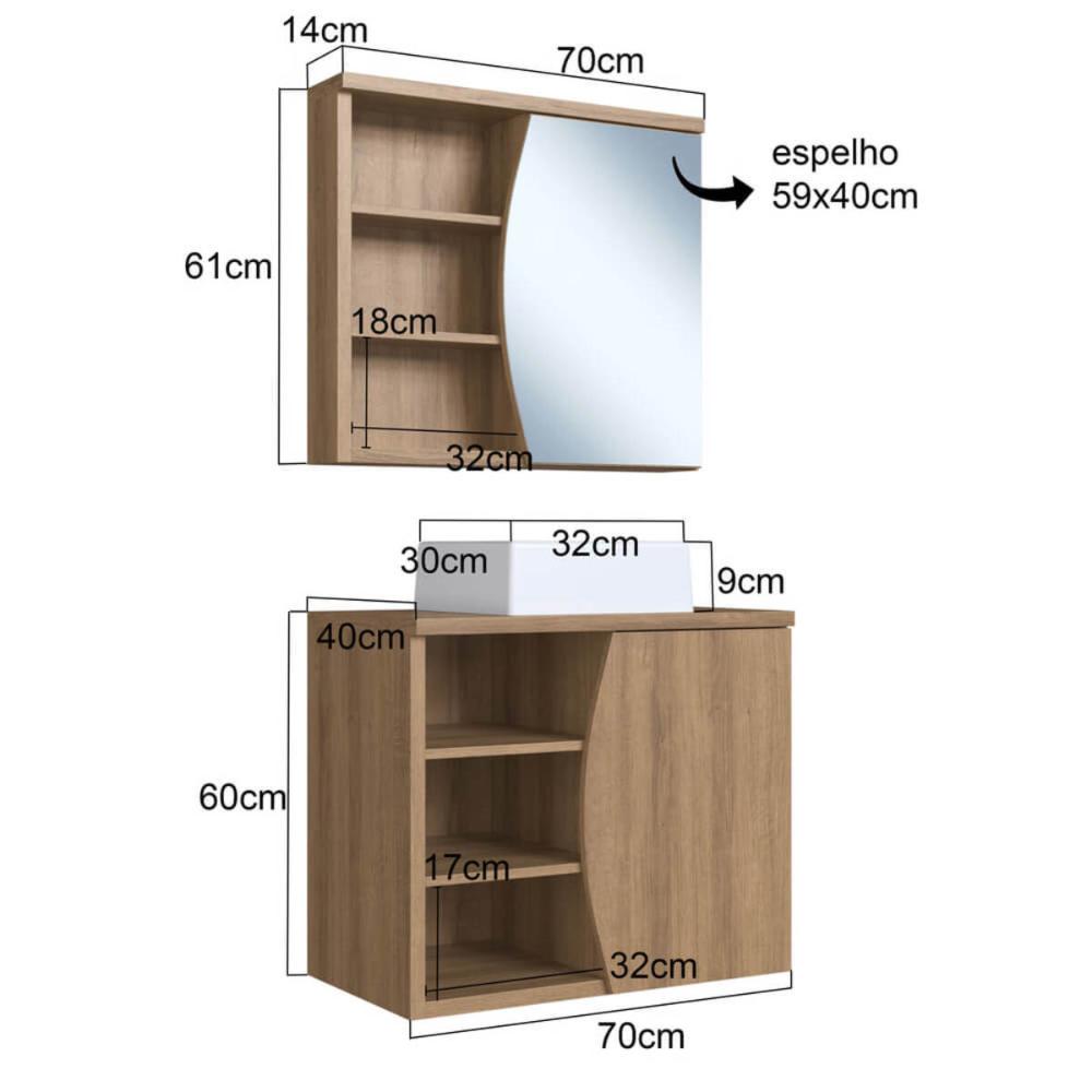 Gabinete De Banheiro 70cm Laura MelEspelheira Cuba Branca e 1 Porta