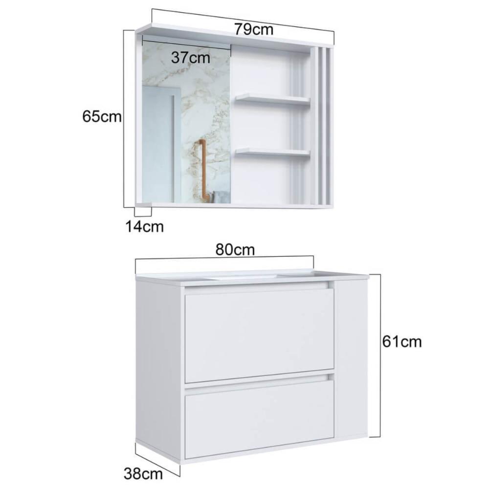Gabinete De Banheiro 80cm Estela Branco Lavatório Espelheira com 1 Gavetão E Basculante