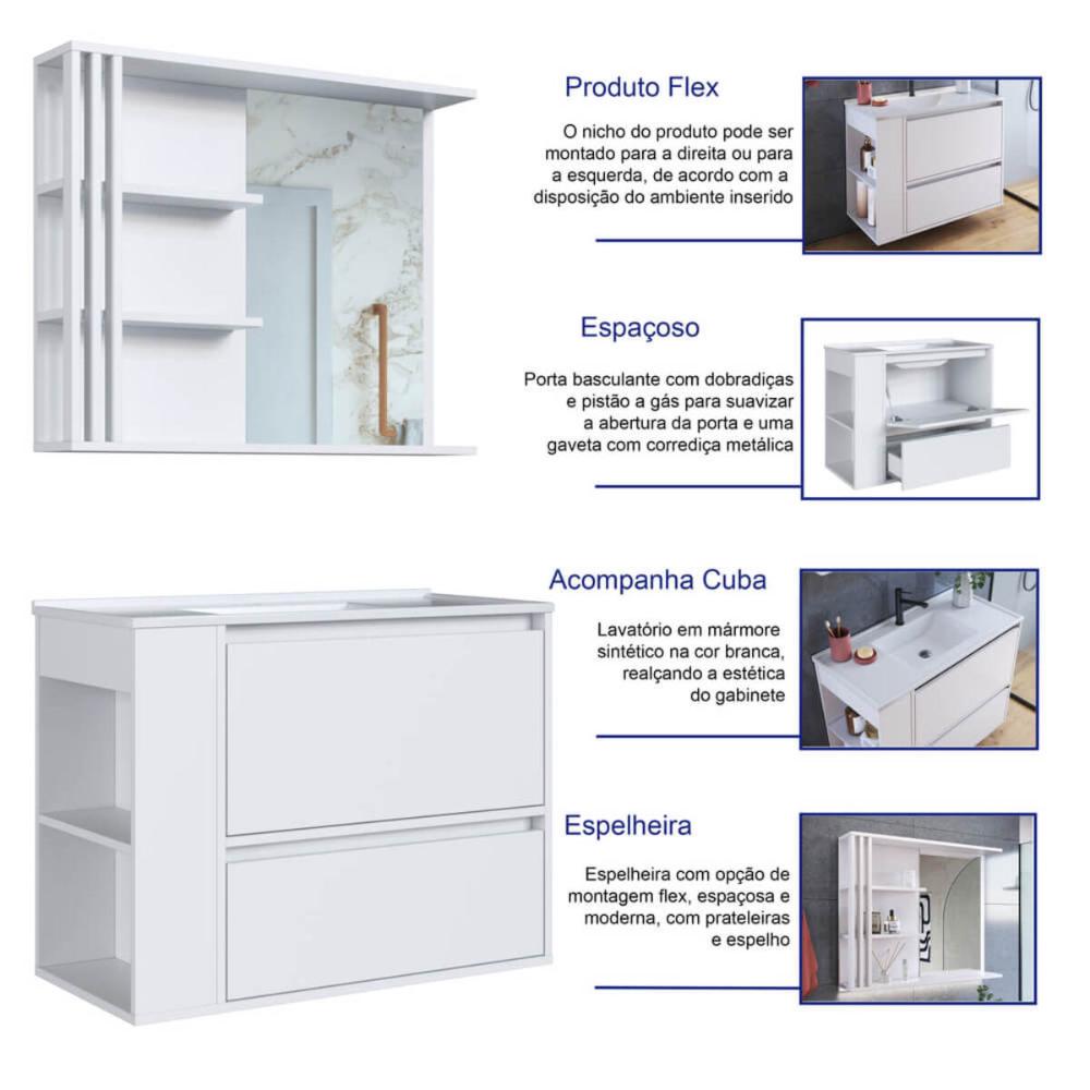 Gabinete De Banheiro 80cm Estela Branco Lavatório Espelheira com 1 Gavetão E Basculante