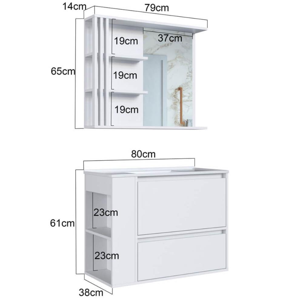 Gabinete De Banheiro 80cm Estela Branco Lavatório Espelheira com 1 Gavetão E Basculante