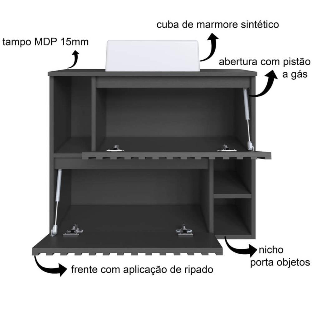 Gabinete De Banheiro Suspenso 75cm Luiza Grafite Cuba Branca e 2 Portas Basculante