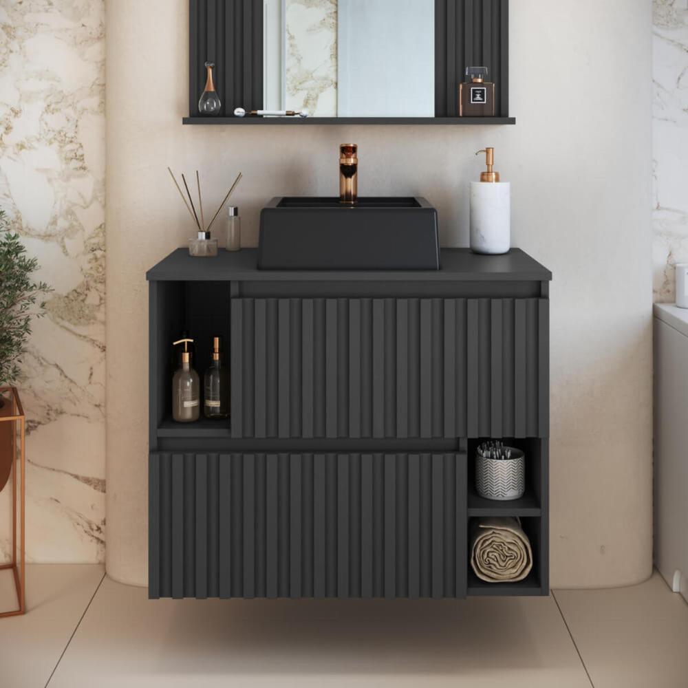 Gabinete De Banheiro Suspenso 75cm Luiza Grafite Cuba Preta e 2 Portas Basculante