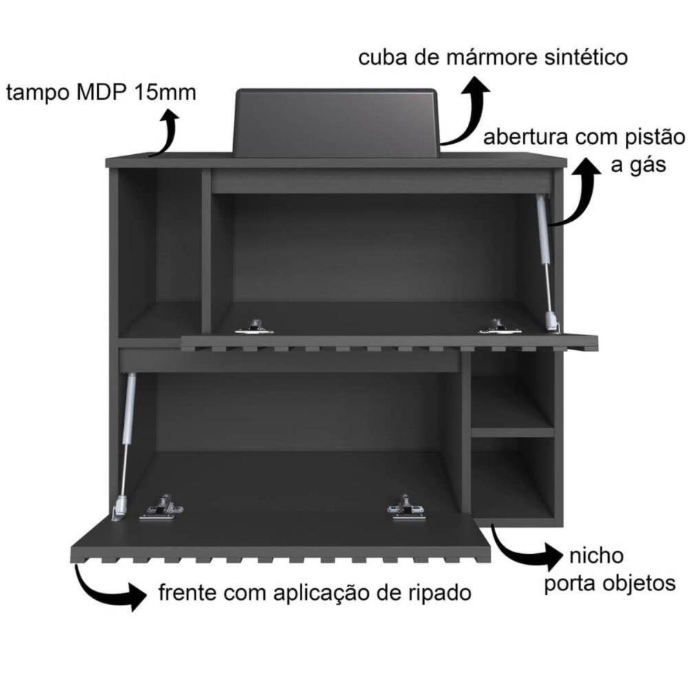 Gabinete De Banheiro Suspenso 75cm Luiza Grafite Cuba Preta e 2 Portas Basculante