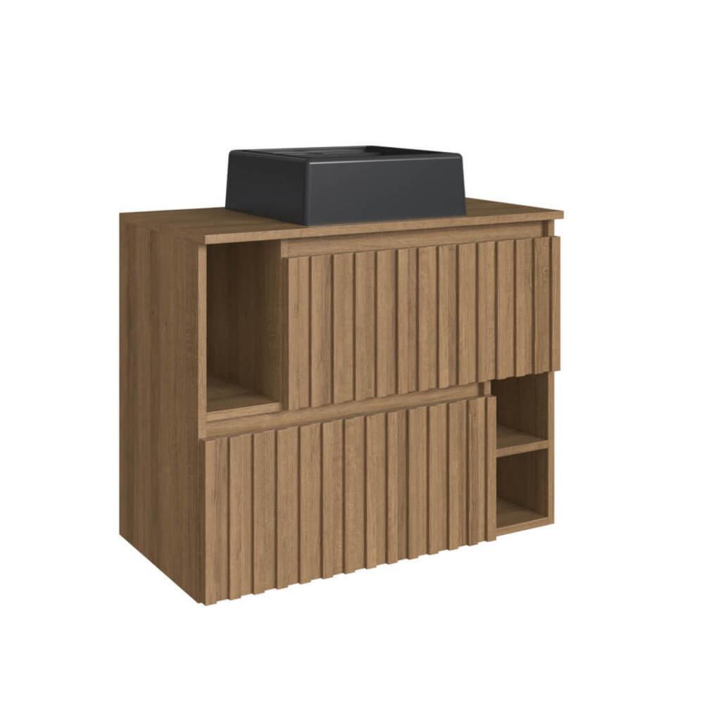 Gabinete De Banheiro Suspenso 75cm Luiza Mel com Cuba Preta e 2 Portas Basculante