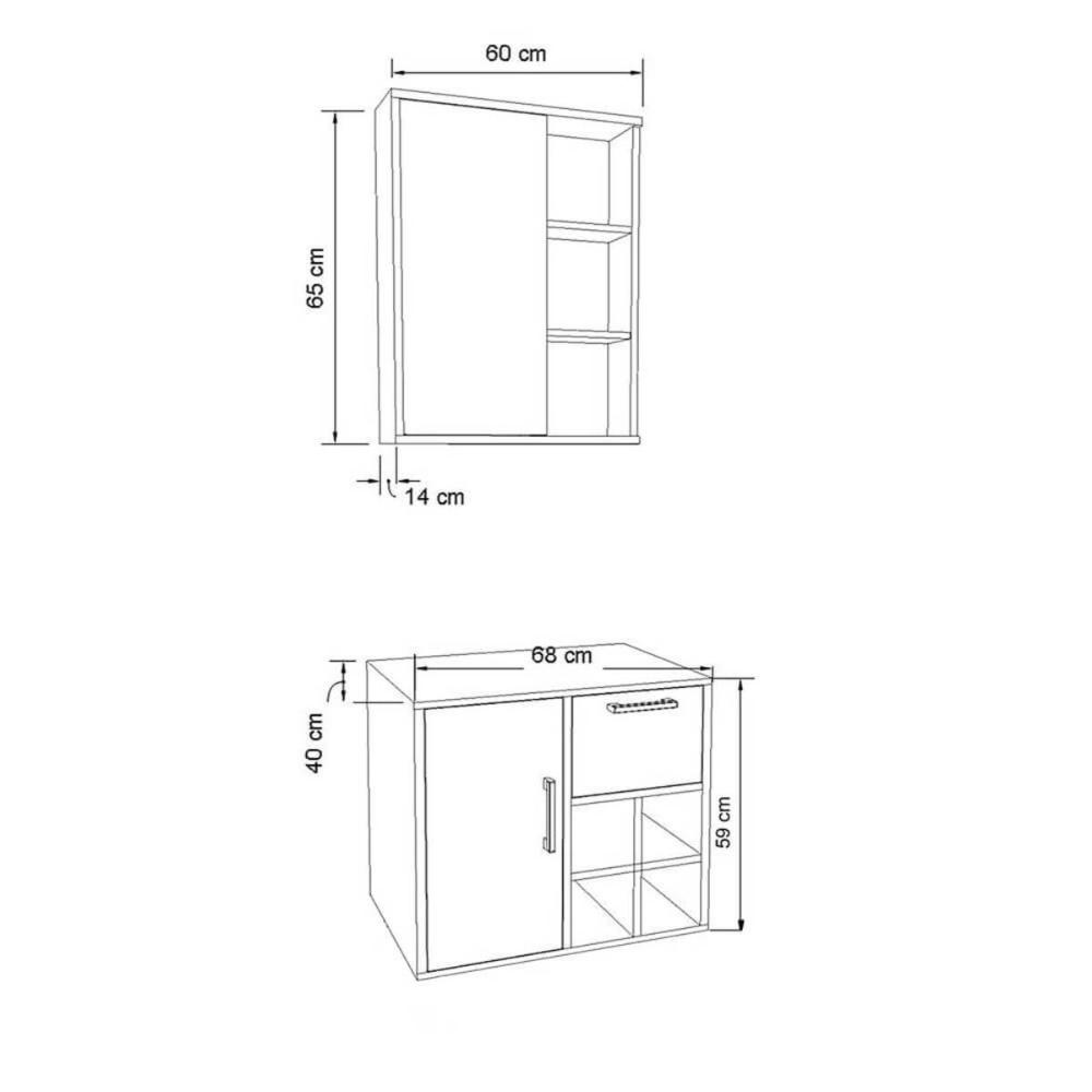 Gabinete Suspenso 68cm Eduarda Grafite Espelheira com Balcão 1 Porta 1 Gaveta De Banheiro Sem Cuba