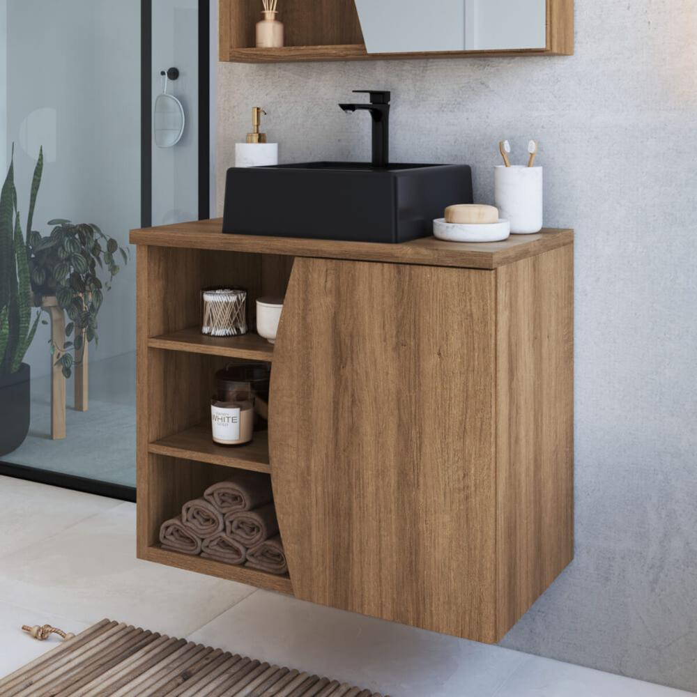 Gabinete Suspenso 70cm Laura Mel Cuba Preta Porta e 2 Prateleiras