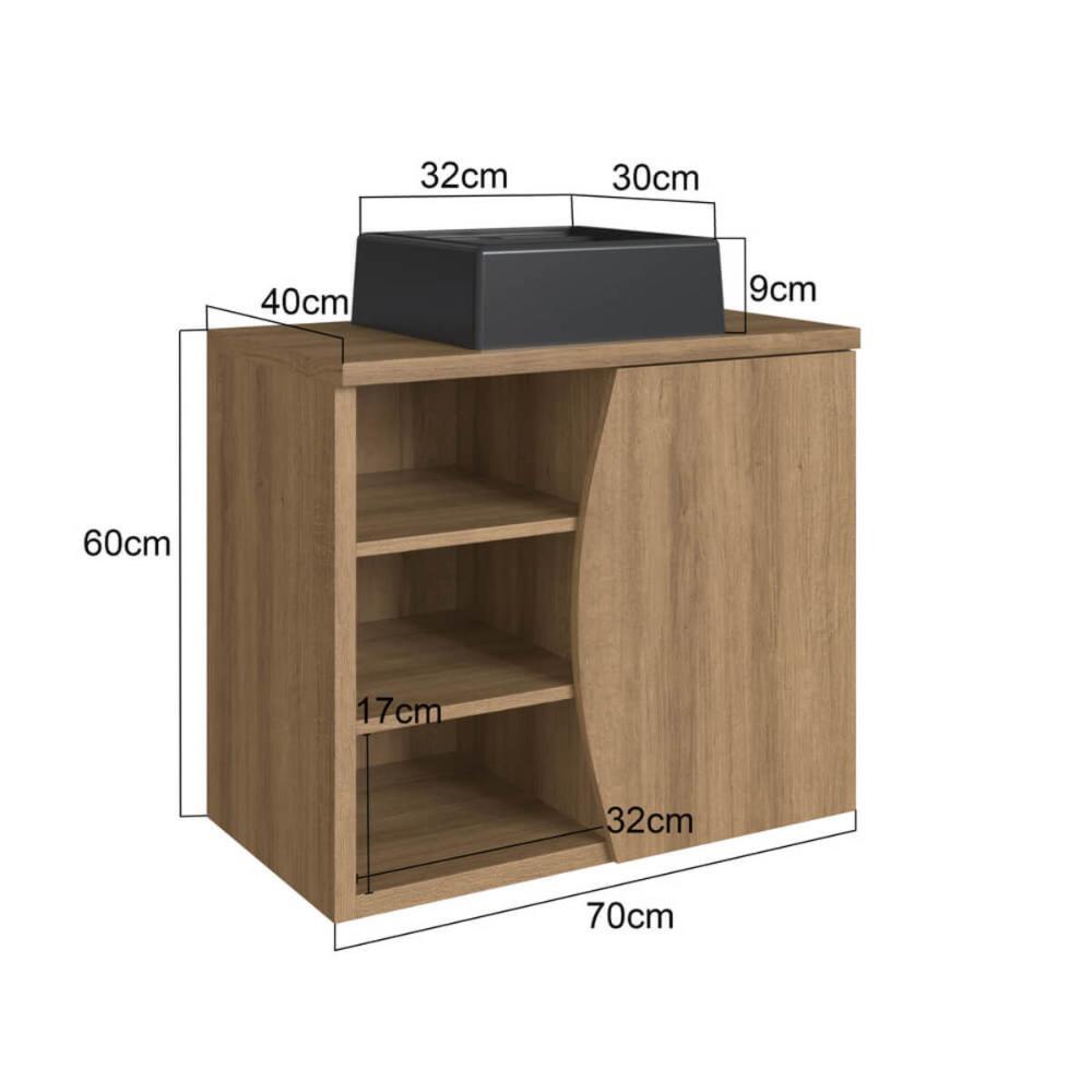 Gabinete Suspenso 70cm Laura Mel Cuba Preta Porta e 2 Prateleiras