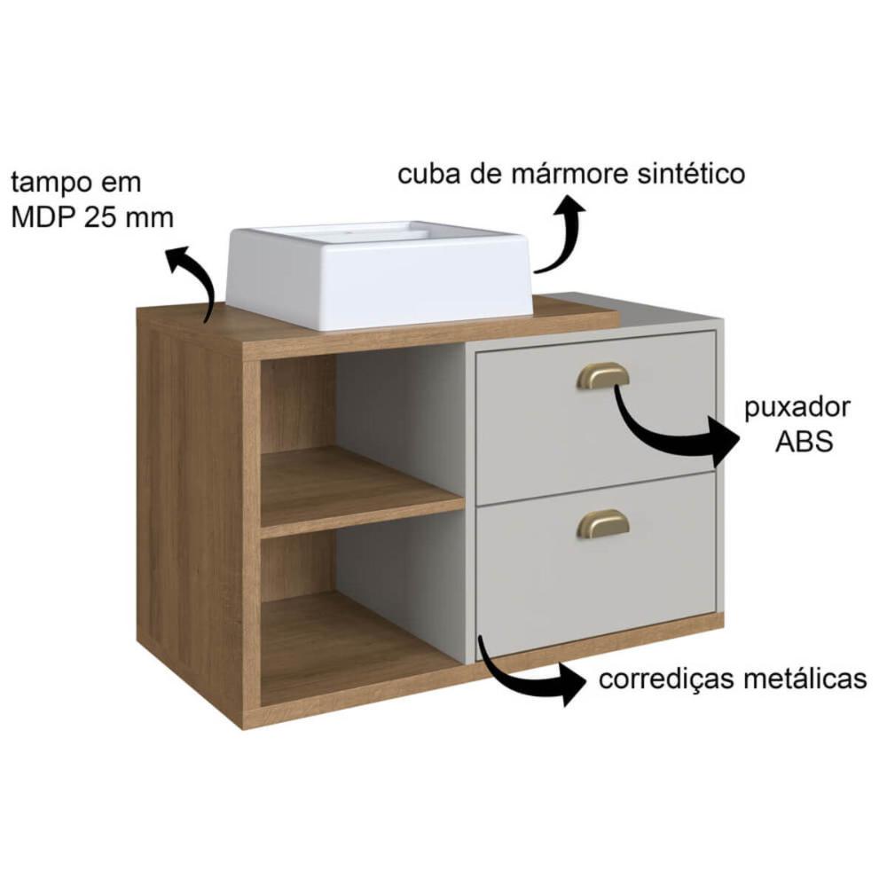 Gabinete Suspenso 80cm Helena Mel Arenas Gavetas Cuba Branca De Banheiro Em Mármore Sintético