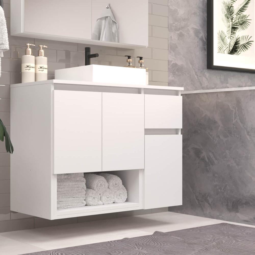 Gabinete de Banheiro Suspenso 80x40x62cm Aurora com Cuba Branco MDP Faema
