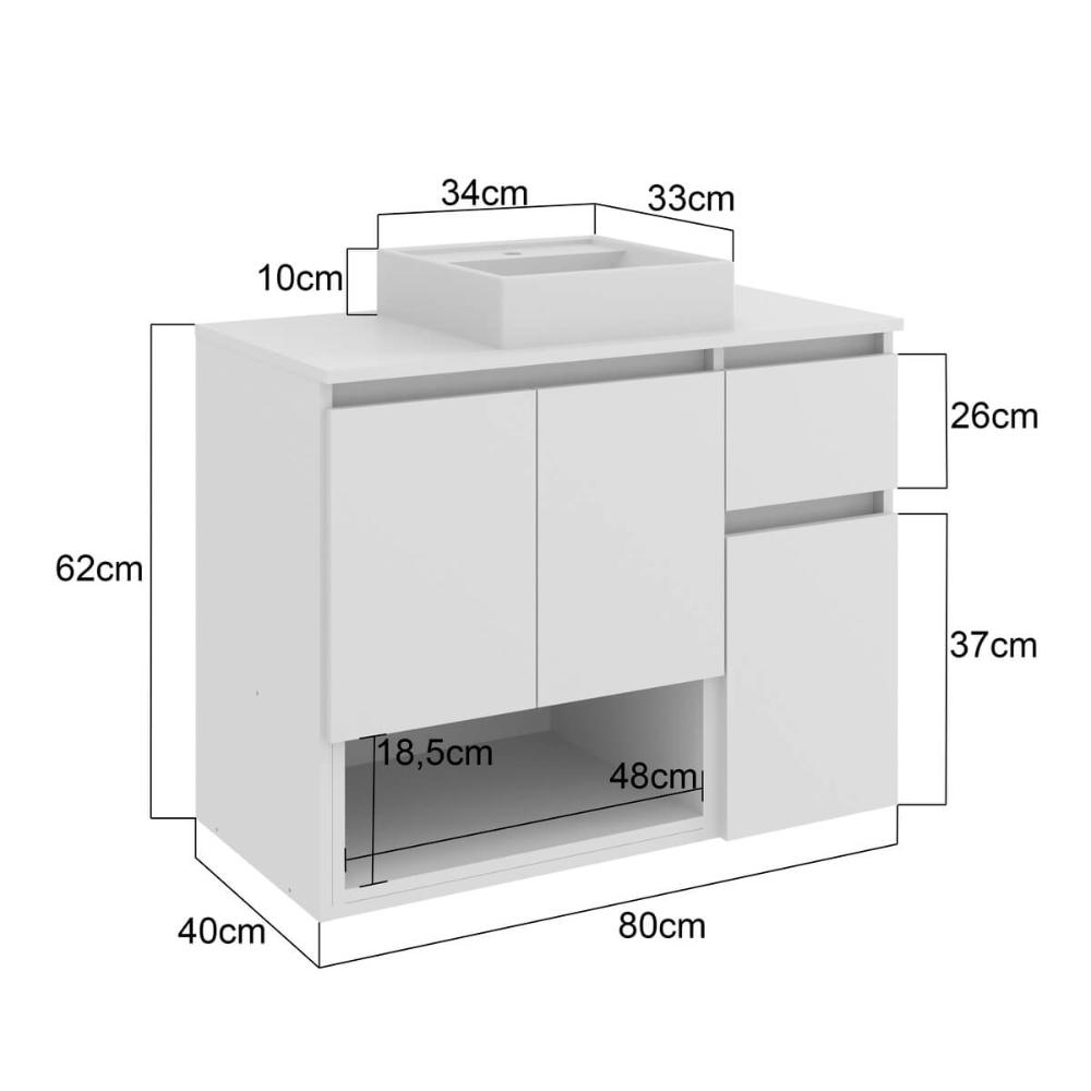 Gabinete de Banheiro Suspenso 80x40x62cm Aurora com Cuba Branco MDP Faema
