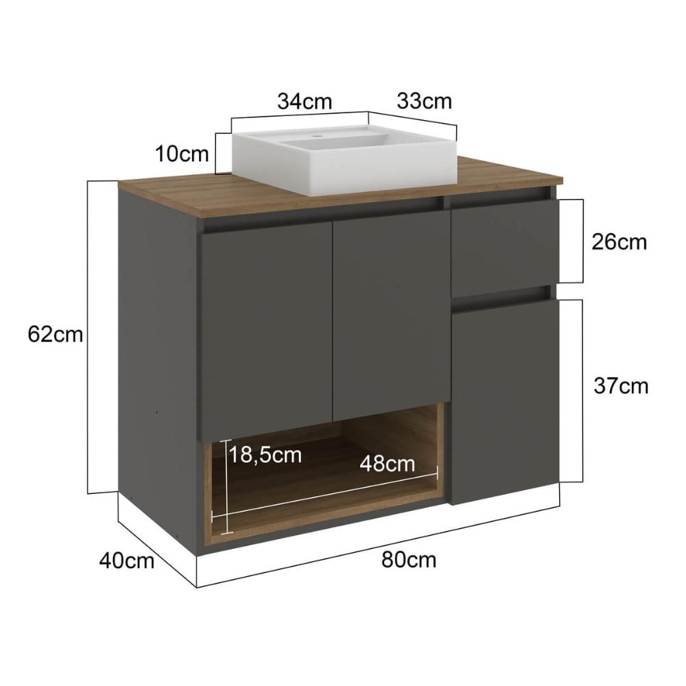 Gabinete de Banheiro Suspenso 80x40x62cm Aurora com Cuba Mel Grafite MDP Faema