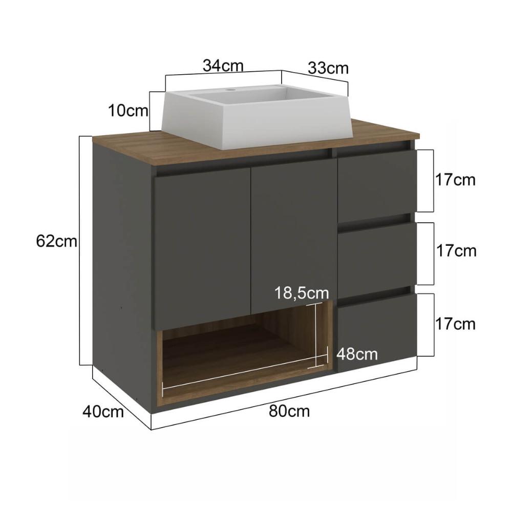 Gabinete de Banheiro Suspenso com Cuba 80x62cm Mel Grafite Vitória MDP Faema