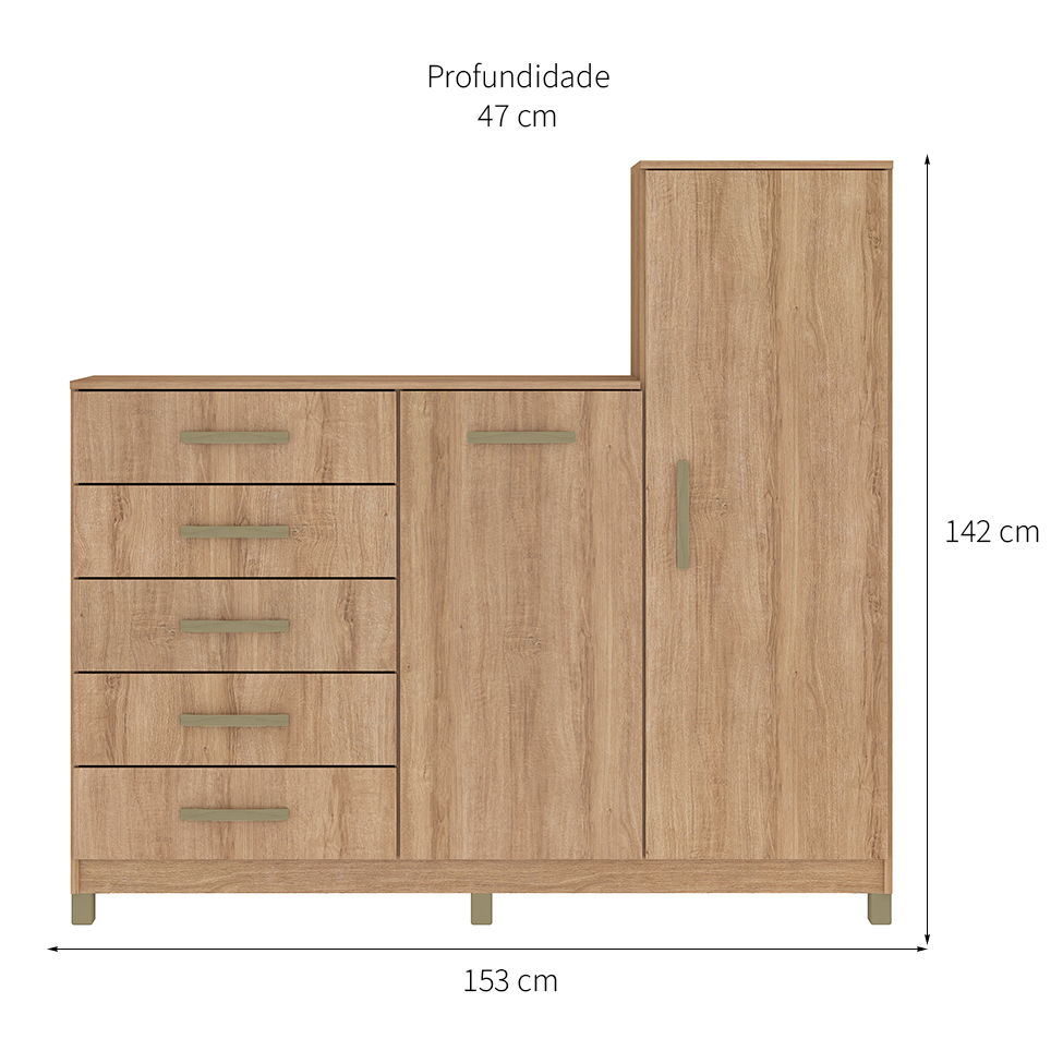 Cômoda Chicago 2 Portas 5 Gavetas Mel