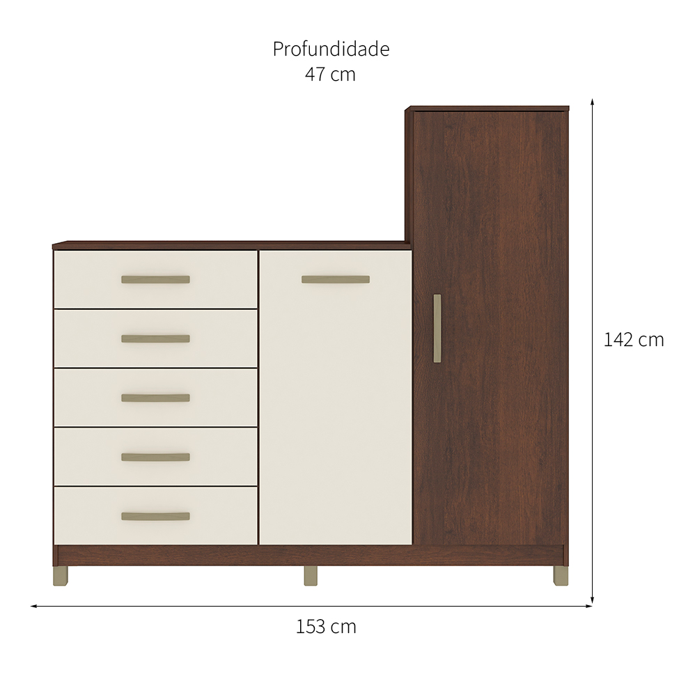 Cômoda Chicago 2 Portas 5 Gavetas Rustico e Champagne
