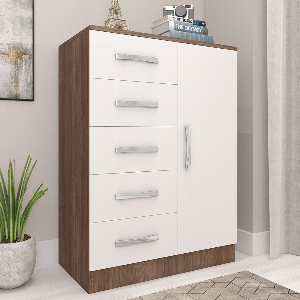 Cômoda Heloísa 1 Porta 5 Gavetas Teka e Branca