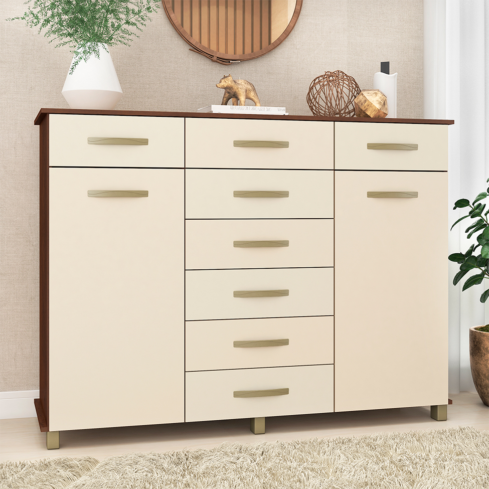 Cômoda Malibu 2 Portas 8 Gavetas Rustico e Champagne
