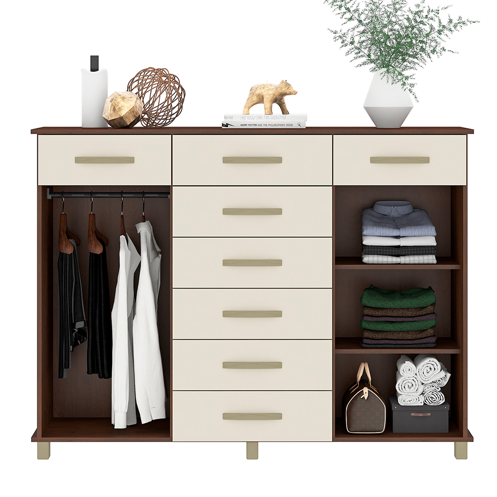 Cômoda Malibu 2 Portas 8 Gavetas Rustico e Champagne