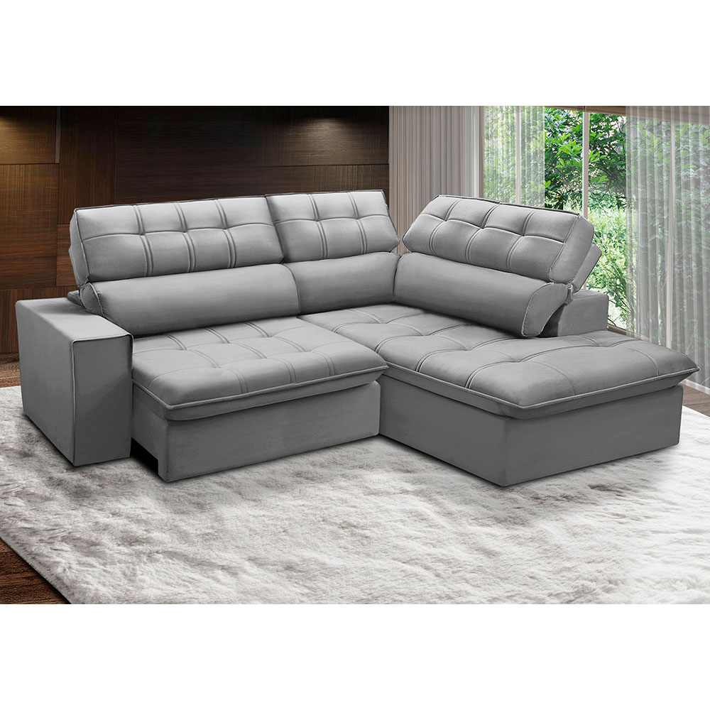 Sofá 3 Lugares Retrátil e Reclinável Arezzo com Chaise Direito Veludo Prata
