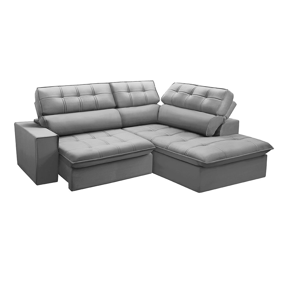 Sofá 3 Lugares Retrátil e Reclinável Arezzo com Chaise Direito Veludo Prata