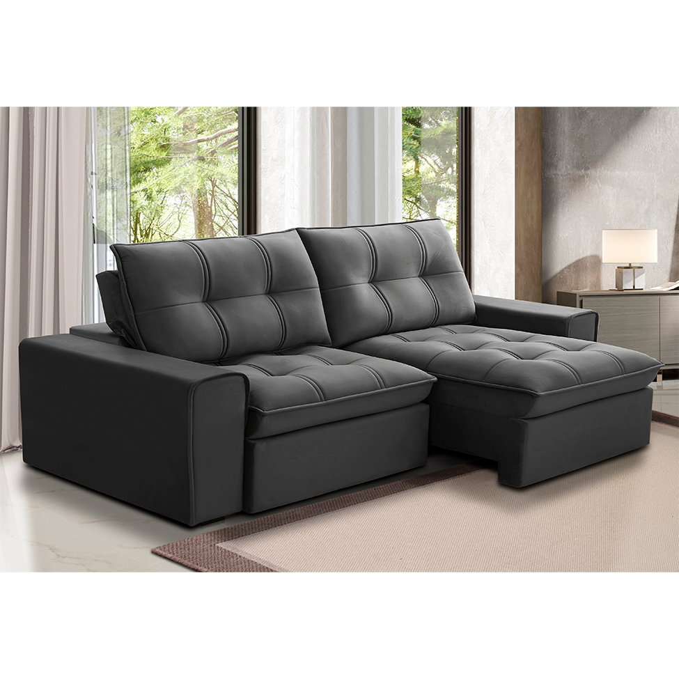 Sofá 3 Lugares Retrátil e Reclinável Argos Veludo Chumbo