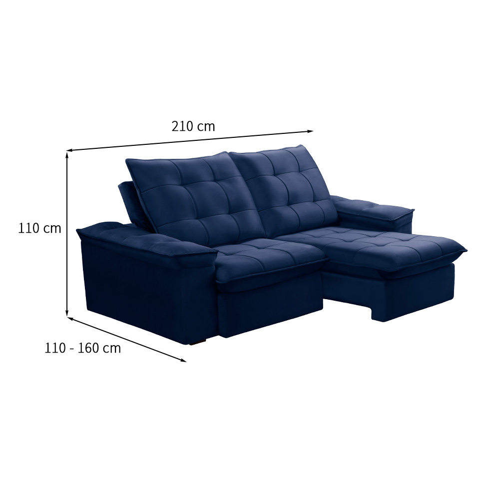 Sofá 3 Lugares Retrátil e Reclinável Batam Veludo Azul