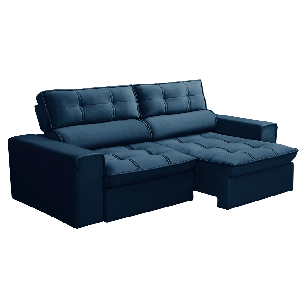 Sofá 3 Lugares Retrátil e Reclinável Nantes Veludo Azul 180 cm