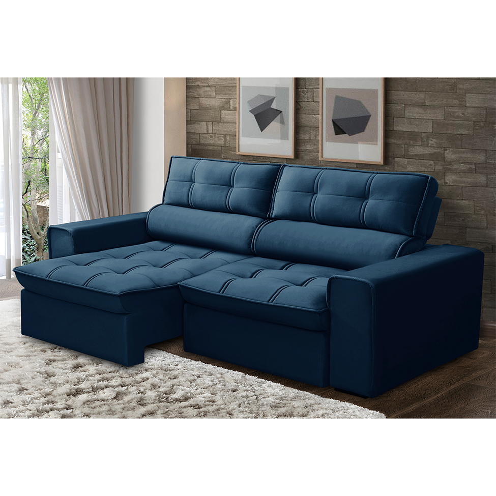 Sofá 3 Lugares Retrátil e Reclinável Nantes Veludo Azul 180 cm