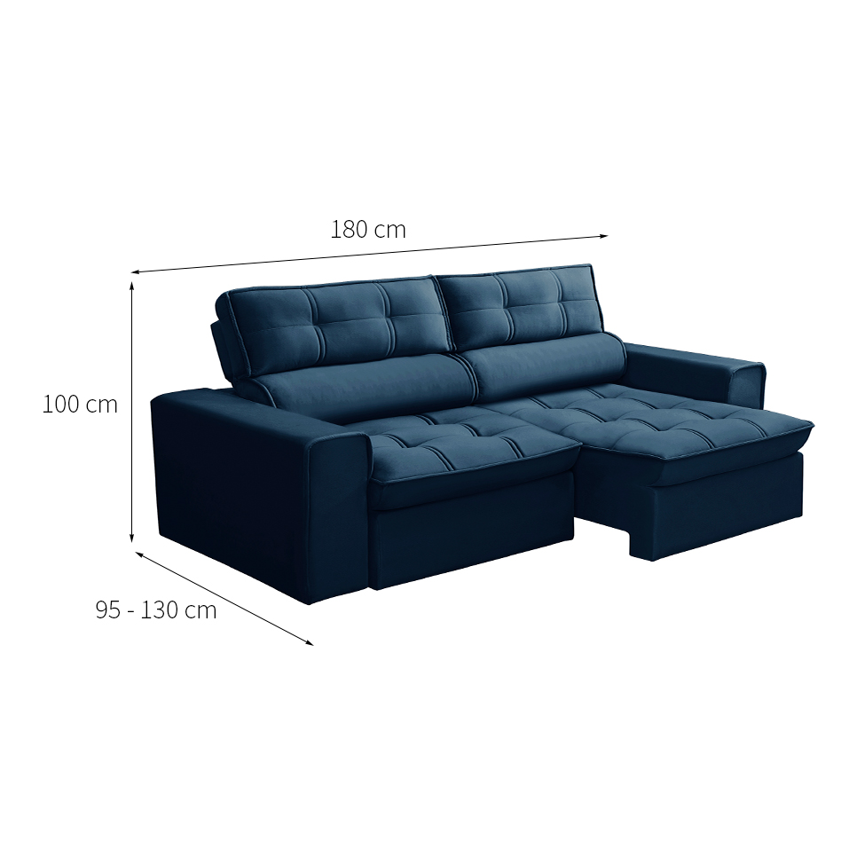 Sofá 3 Lugares Retrátil e Reclinável Nantes Veludo Azul 180 cm