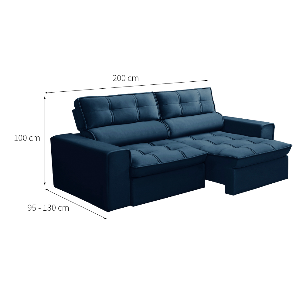 Sofá 3 Lugares Retrátil e Reclinável Nantes Veludo Azul 200 cm