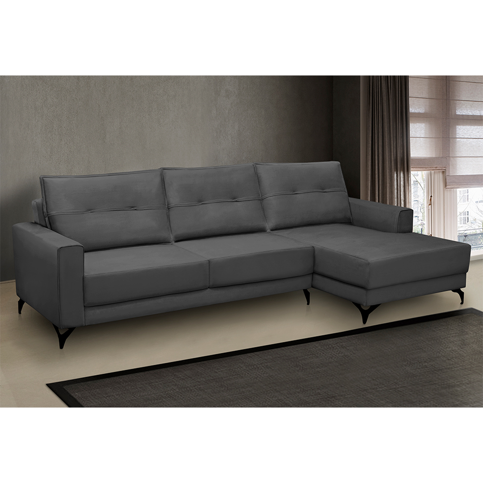 Sofá 4 Lugares Heros com Chaise Direito Veludo Chumbo