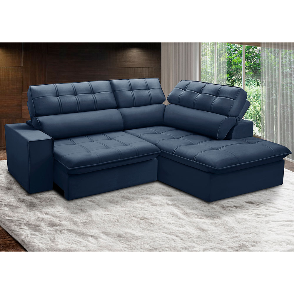 Sofá 4 Lugares Retrátil e Reclinável Arezzo com Chaise Direito Veludo Azul