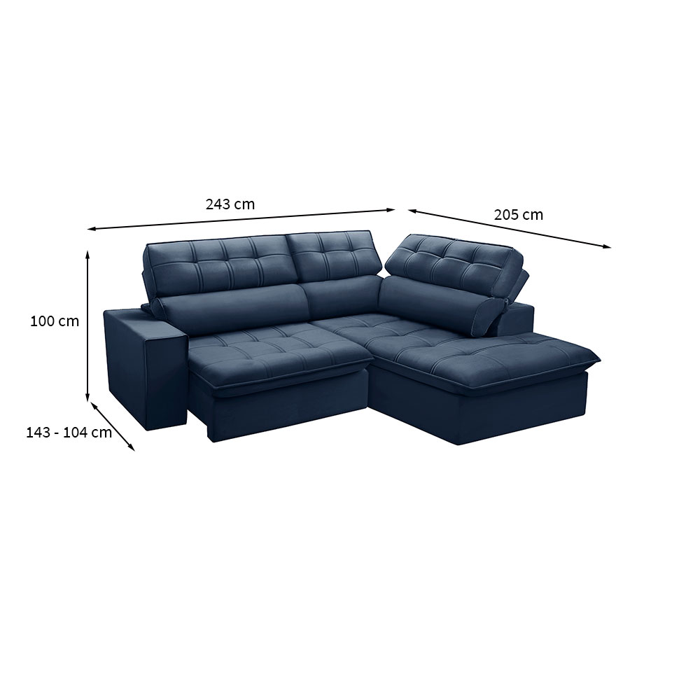 Sofá 4 Lugares Retrátil e Reclinável Arezzo com Chaise Direito Veludo Azul