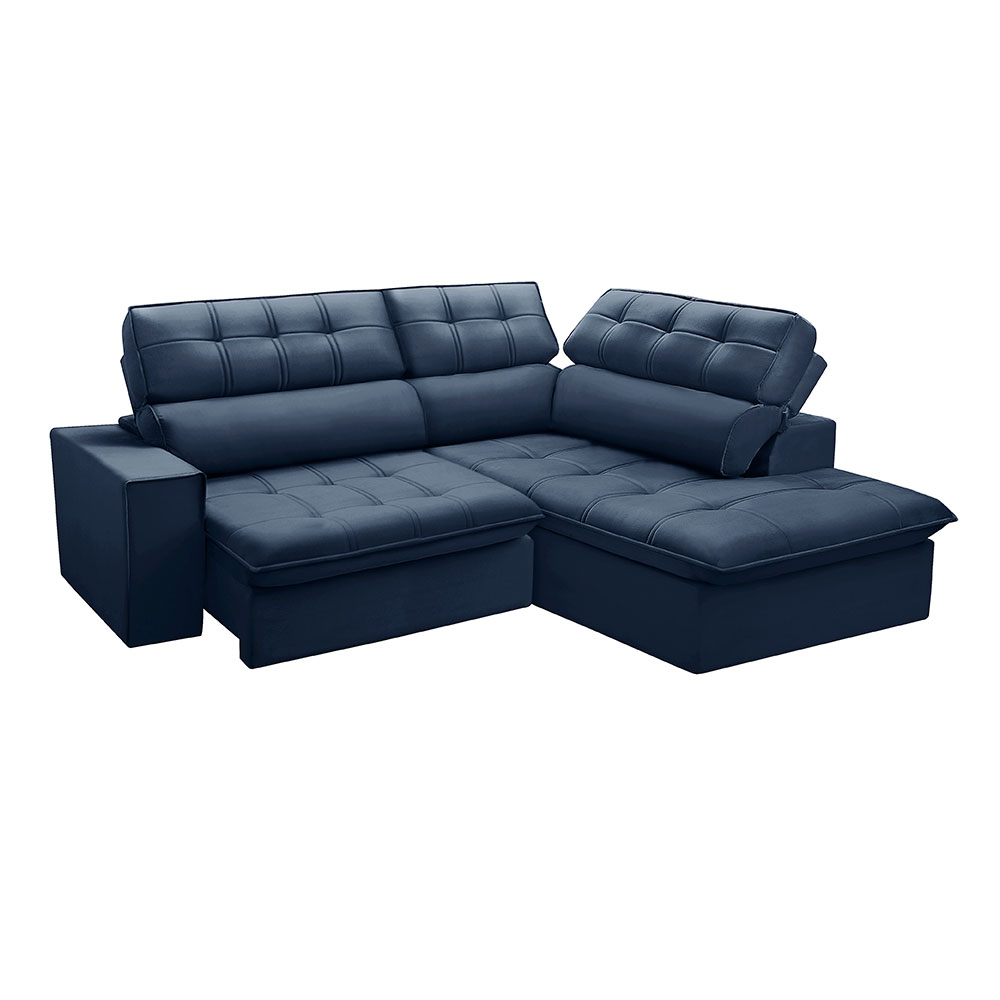 Sofá 4 Lugares Retrátil e Reclinável Arezzo com Chaise Direito Veludo Azul