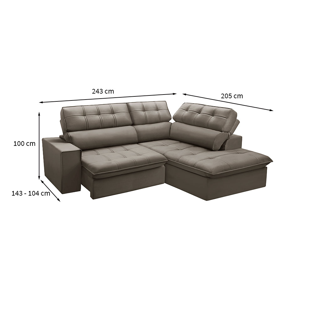 Sofá 4 Lugares Retrátil e Reclinável Arezzo com Chaise Direito Veludo Castor