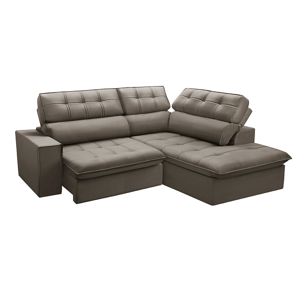 Sofá 4 Lugares Retrátil e Reclinável Arezzo com Chaise Direito Veludo Castor