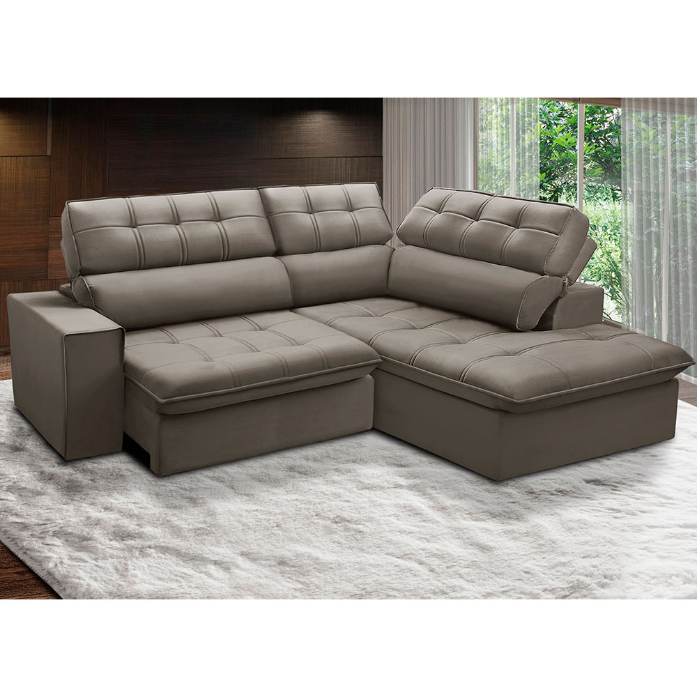 Sofá 4 Lugares Retrátil e Reclinável Arezzo com Chaise Direito Veludo Castor